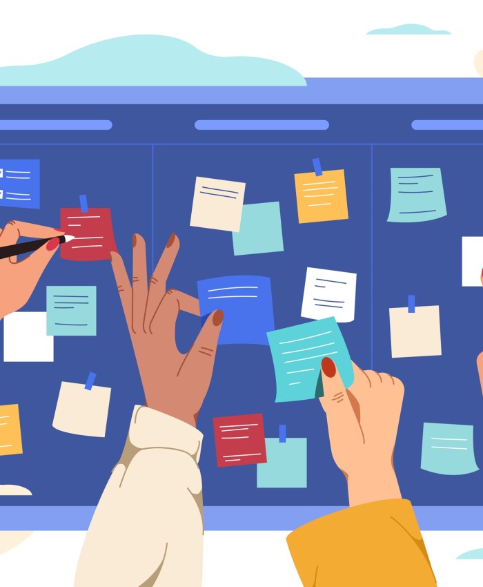 Flat scrum task board with hands of team members and color paper stickers. Group of software developers create work project schedule with sticky notes. Teamwork development, sprint planning concept.